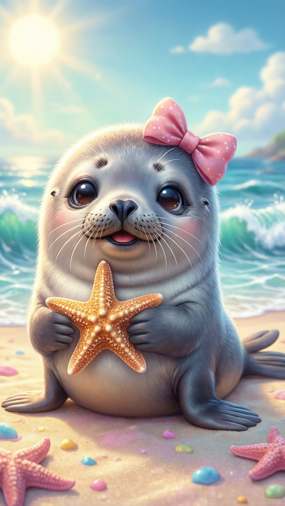 Kawaii тюлен на плажа Тапет