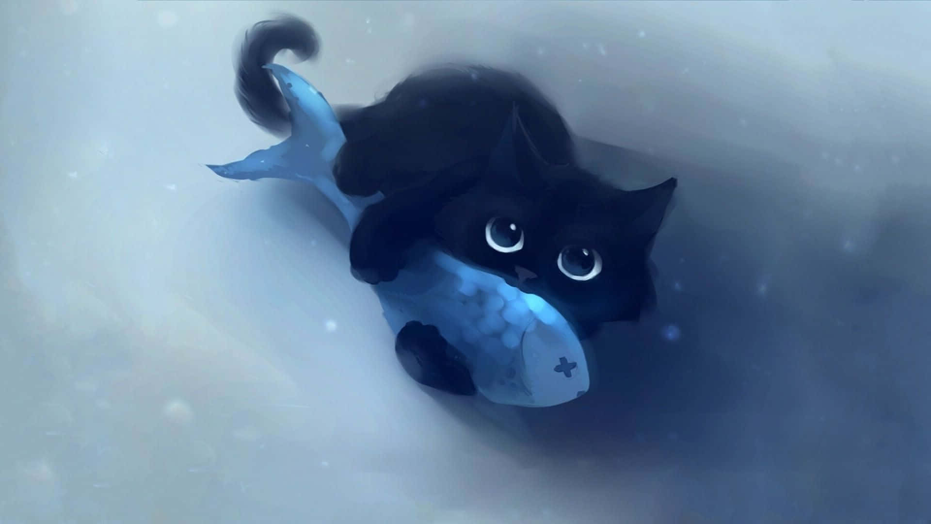 Kawaii аниме котка прегръща риба Тапет