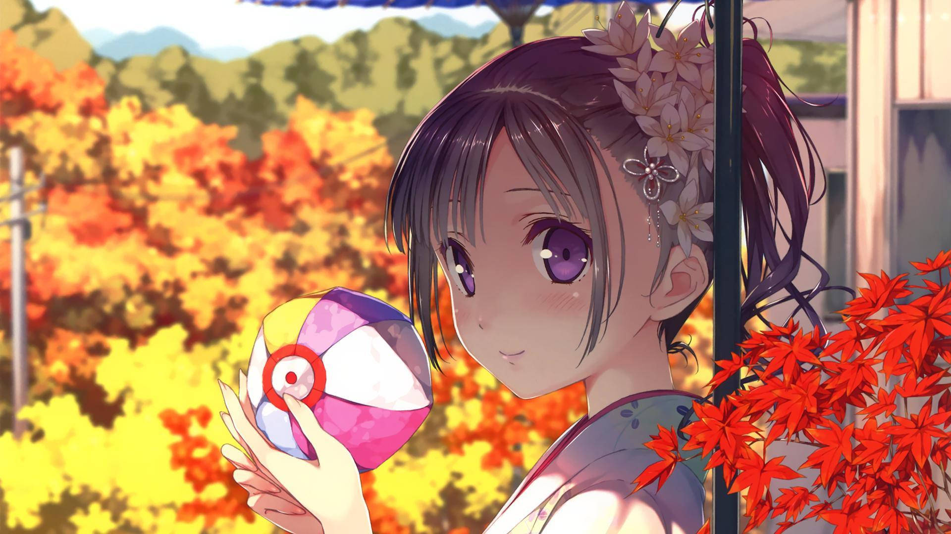 Kawaii аниме момие с есенни листа Тапет