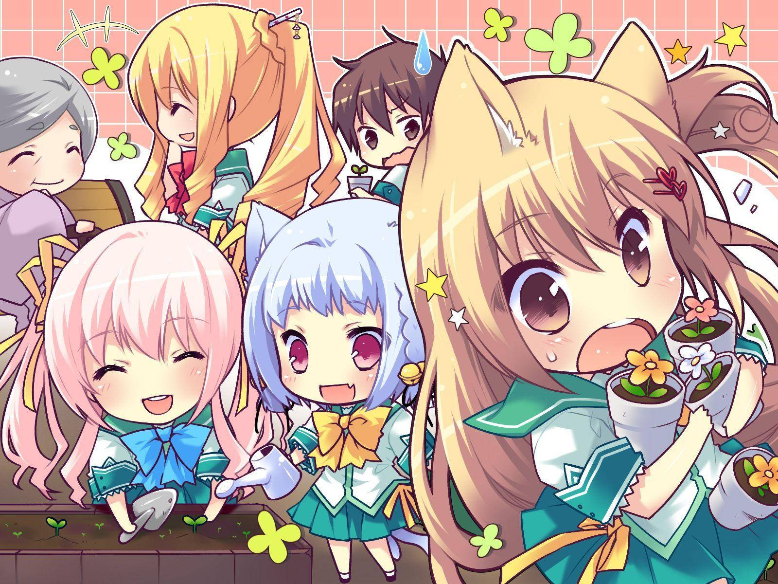 Kawaii аниме ученици, които се занимават с градинарство Тапет