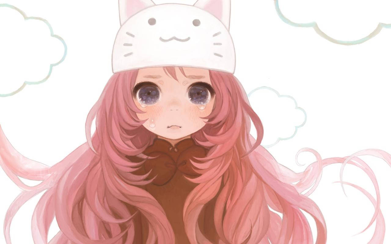 Kawaii аниме момиче плаче с котешка шапка Тапет