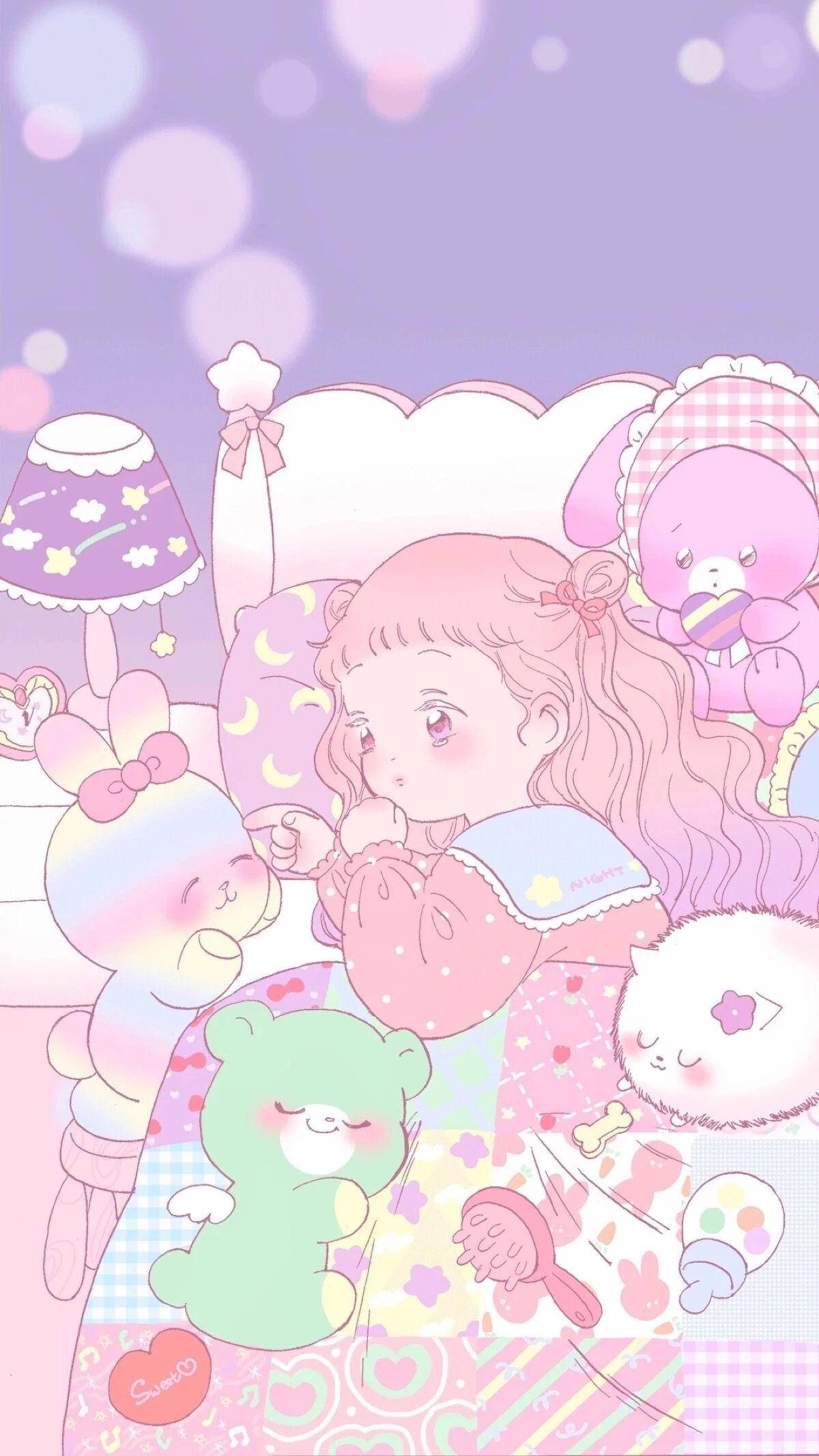 Kawaii аниме момиче на легло с плюшени играчки Тапет