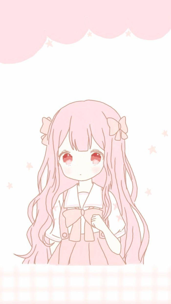 Kawaii аниме момиче с розови панделки Тапет