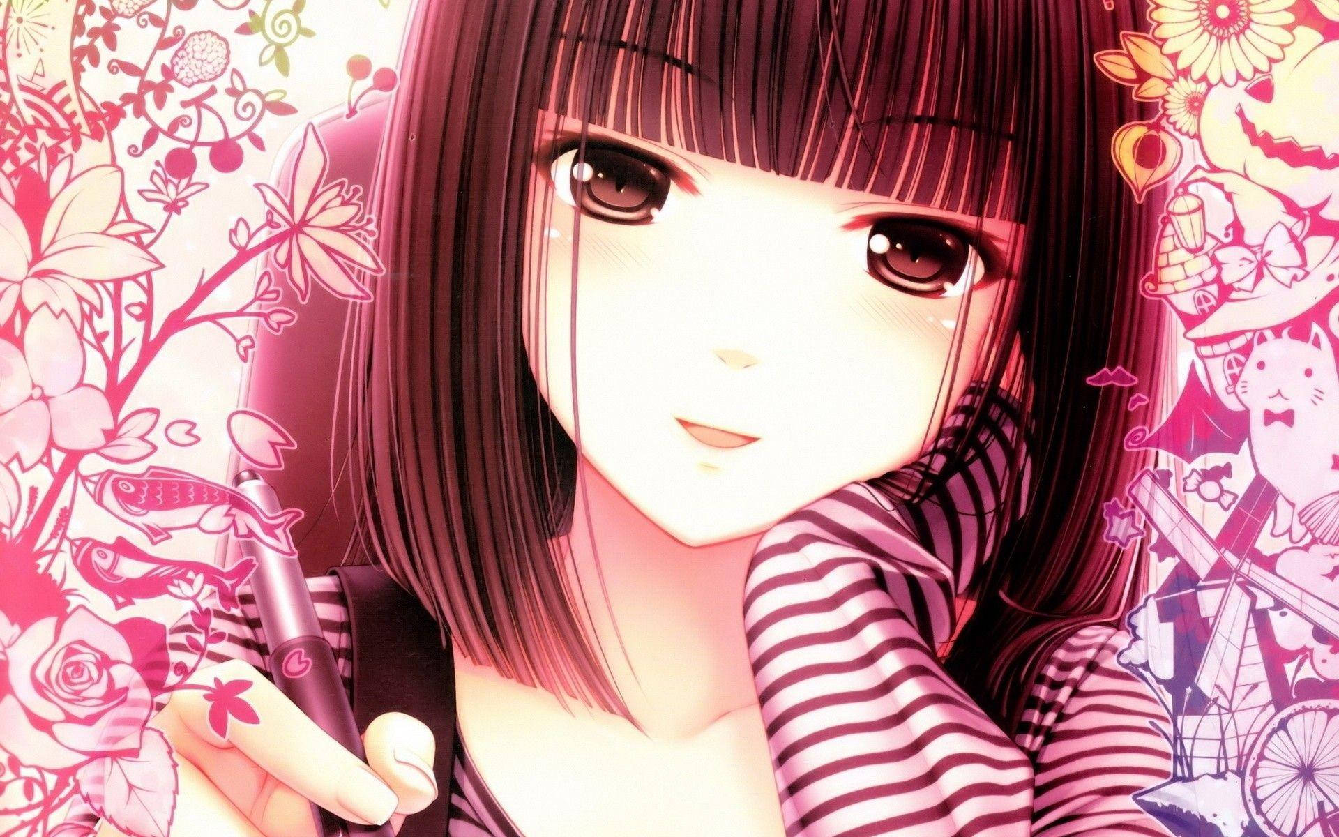 Kawaii аниме момиче държи химикал с драсканици Тапет