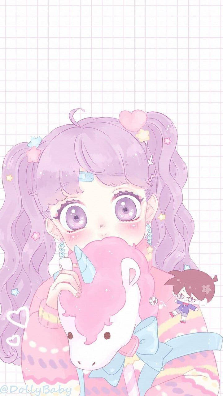 Kawaii аниме момиче с плюшено единорогче Тапет