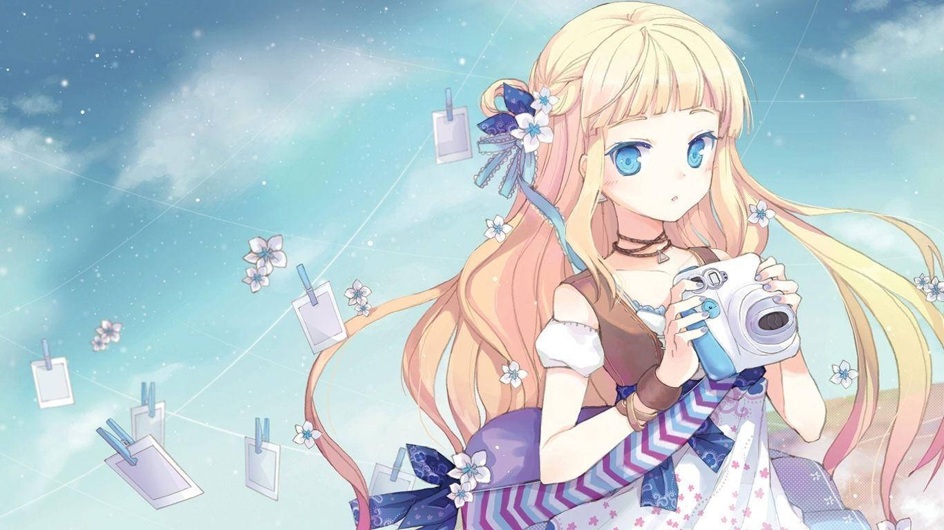 Kawaii аниме момиче с Polaroid Тапет