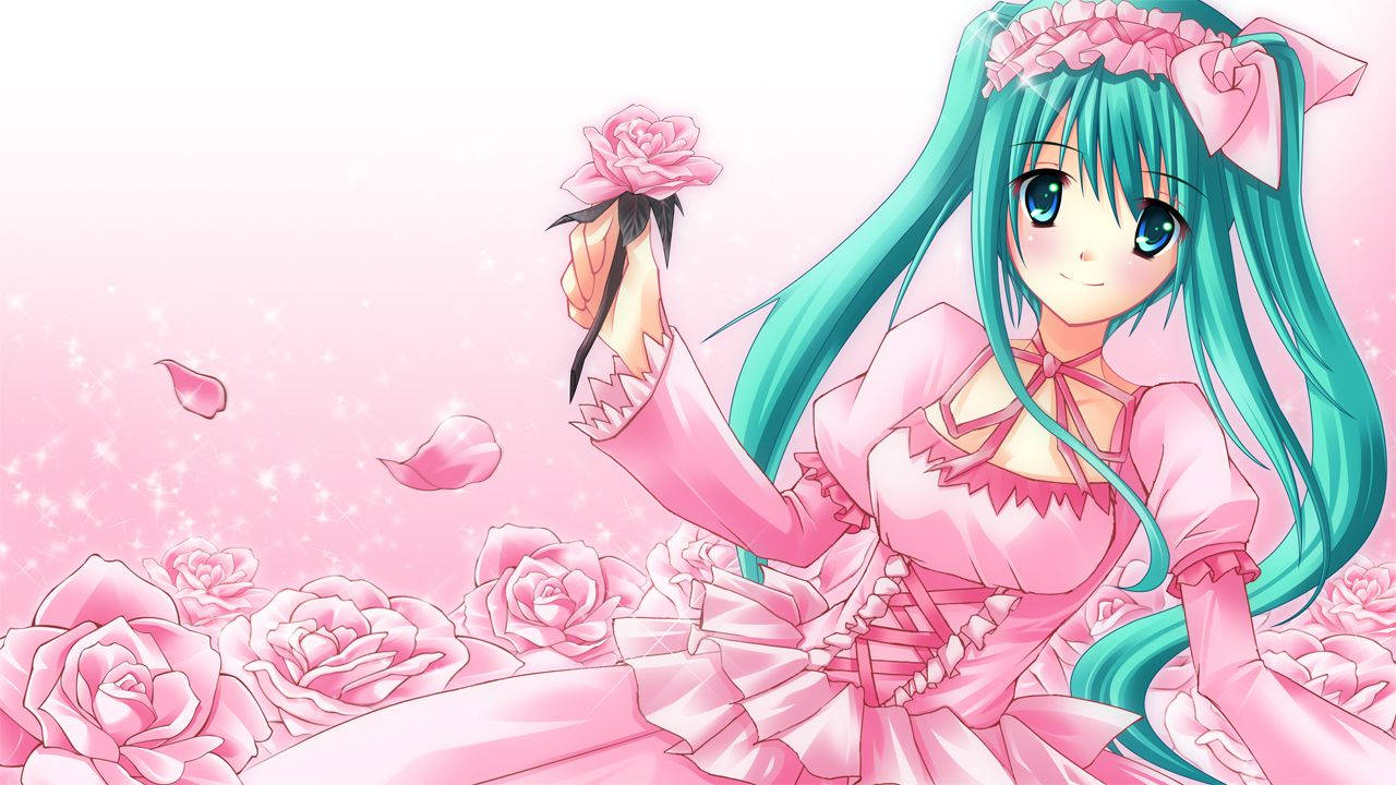 Kawaii аниме Хatsune Miku с розова рокля и рози Тапет