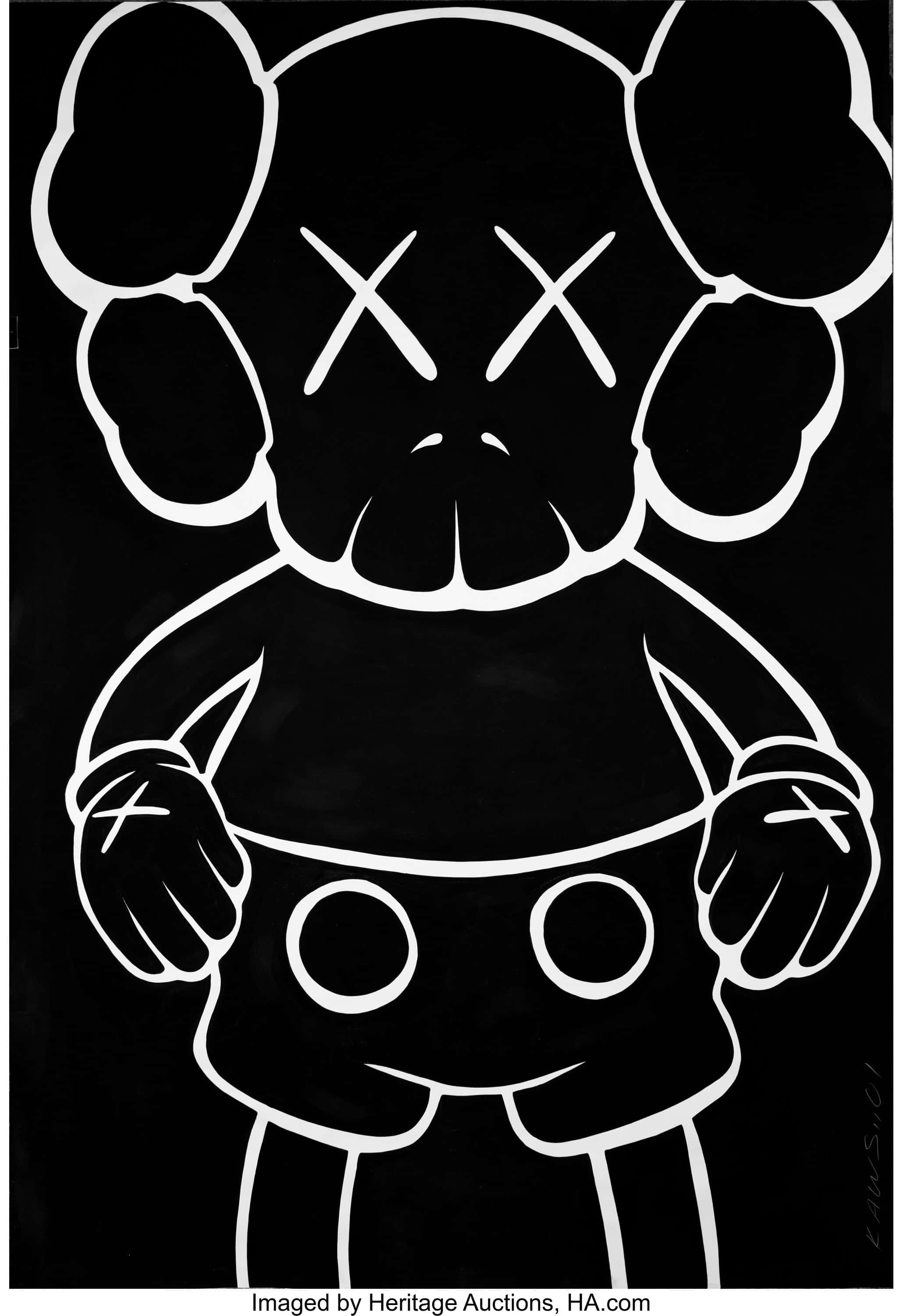 Емблематичният персонаж KAWS Companion, показан гледащ нагоре против синь неб Тапет