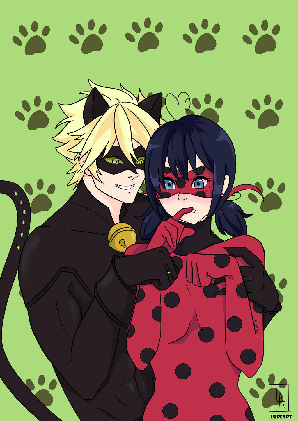 Ladybug и Cat Noir се целуват с отпечатък на куче Тапет
