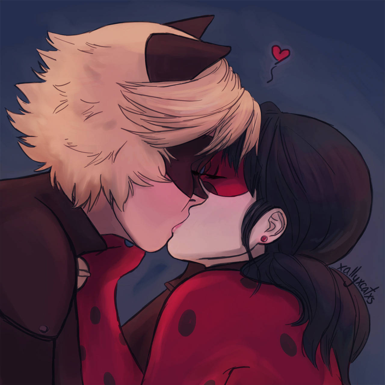 Романтична целувка на Ladybug и Cat Noir Тапет