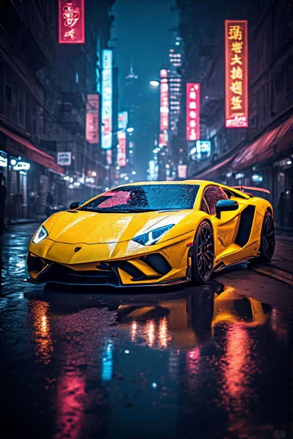 Неонено жълто Lamborghini през нощта – футуристичен 4K тапет с градски светлини, портрет Тапет