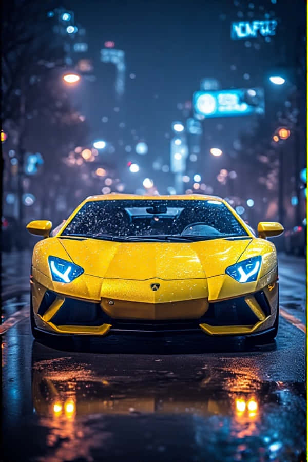 Неонова жълта Lamborghini през нощта – футуристичен 4K портретен тапет с градски светлини Тапет