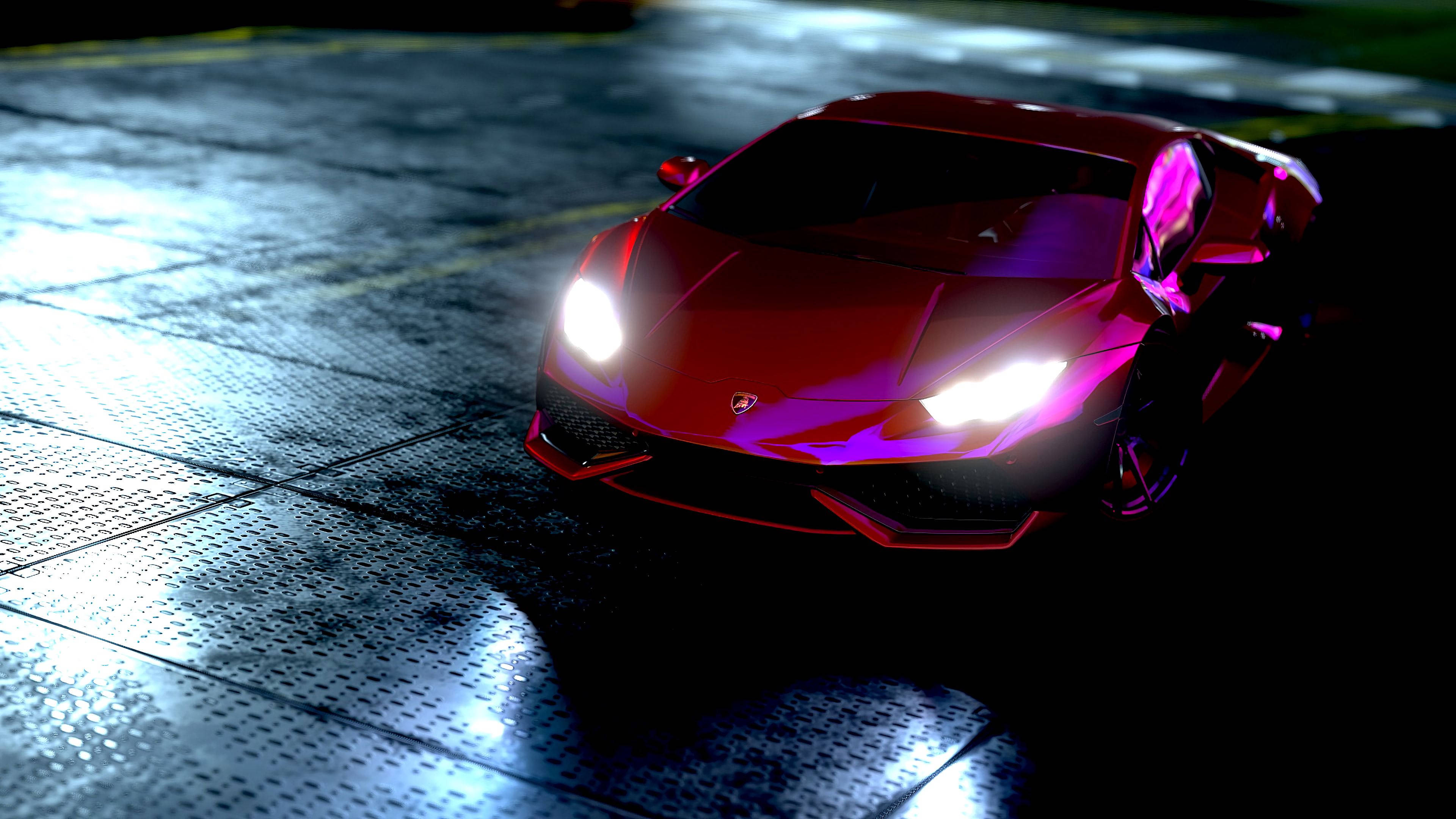 Ярки светлини, голям град: Червен Lamborghini Huracan с неоново сияние Тапет