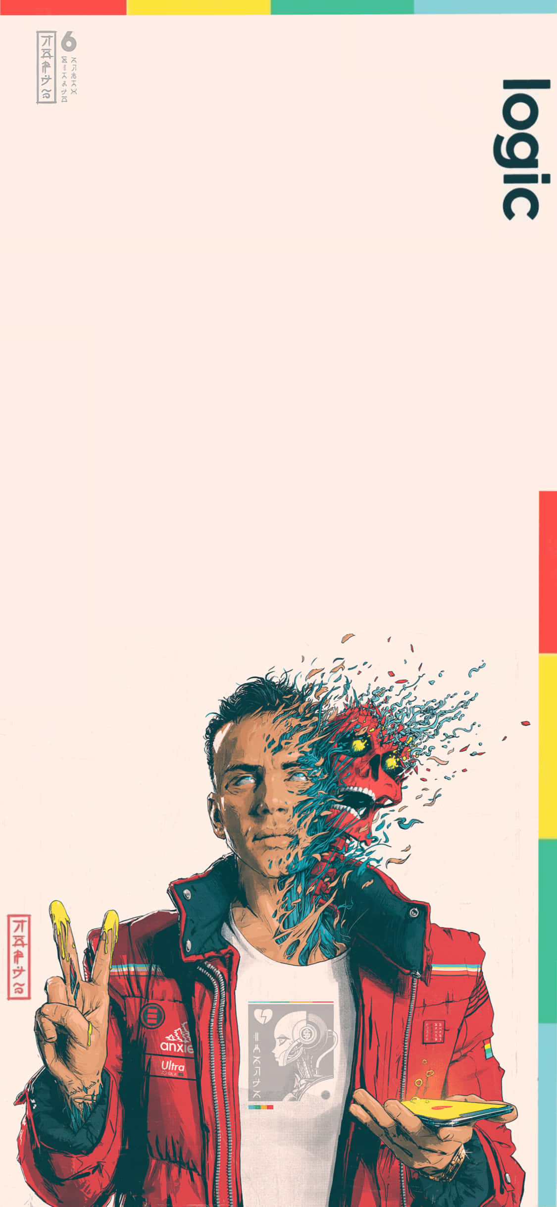 logic - мъж в червено яке, показващ знак на мира Тапет