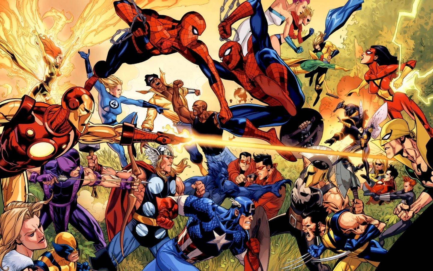 Marvel супергерои в един комиксов фон със злодей.