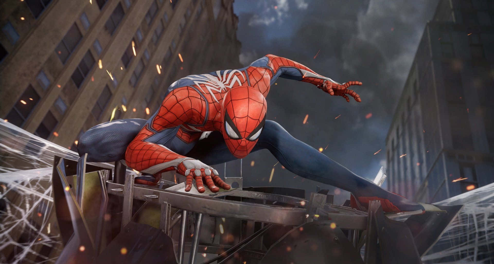 Marvel PS4 Спайдърмен позира върху отломки Тапет