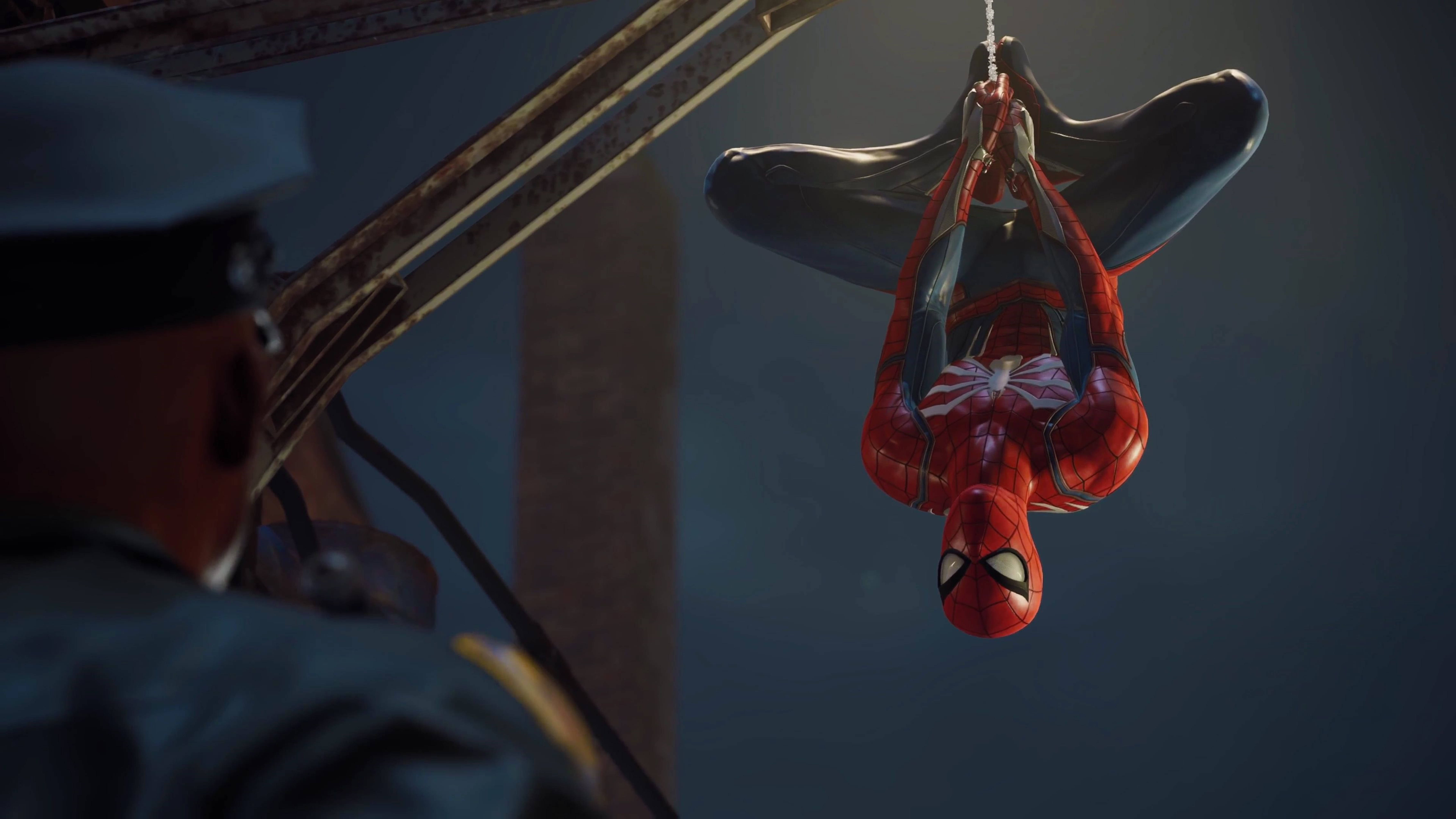 Marvel Spiderman Висящ с главата надолу 4K PS4 Тапет