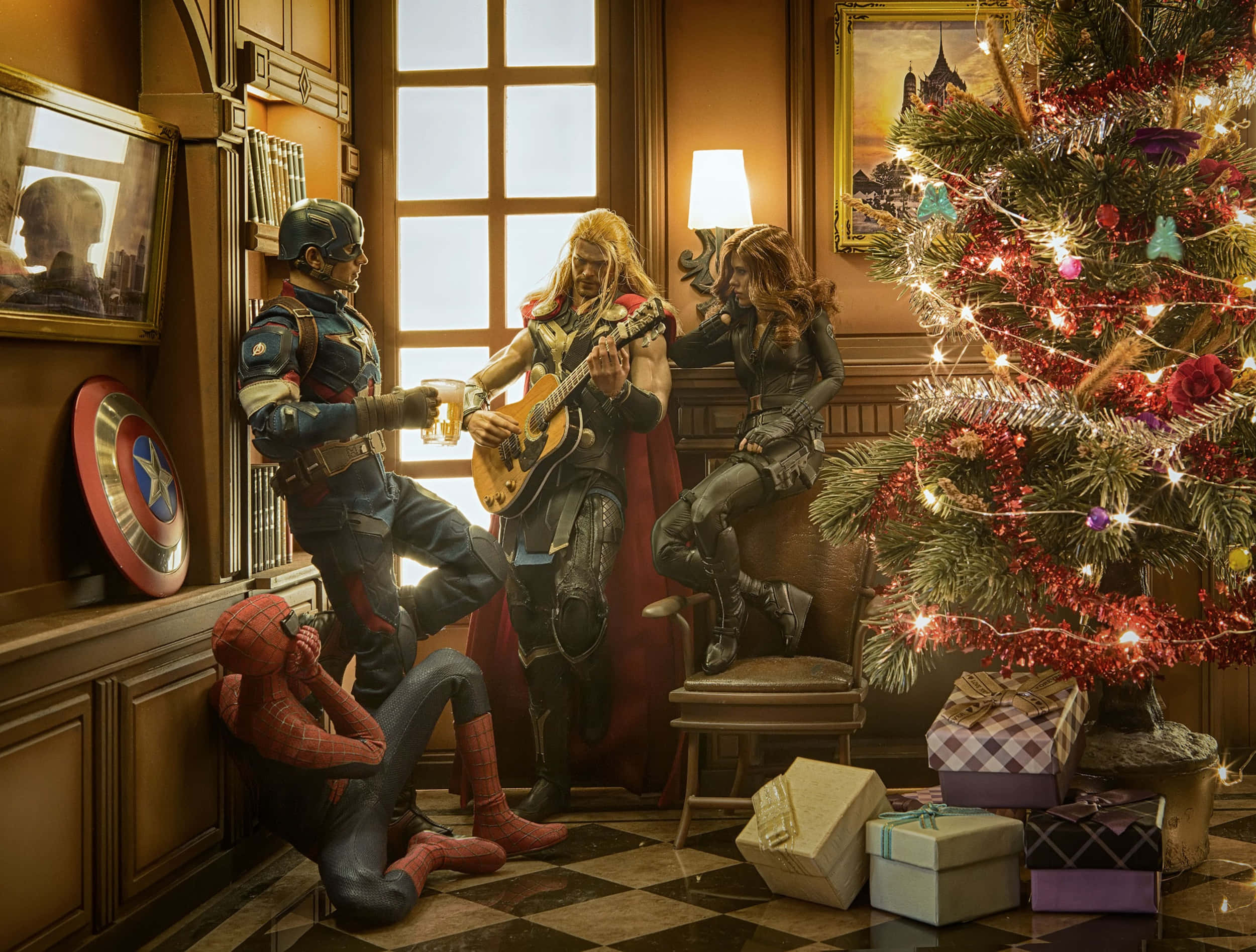 Коледна елха с Marvel супергерои Тапет