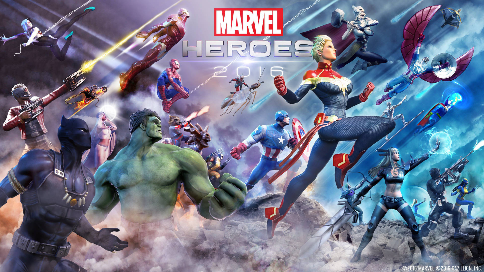 Marvel супергерои 2016 г. гледащи нагоре докато атакуват враговете.