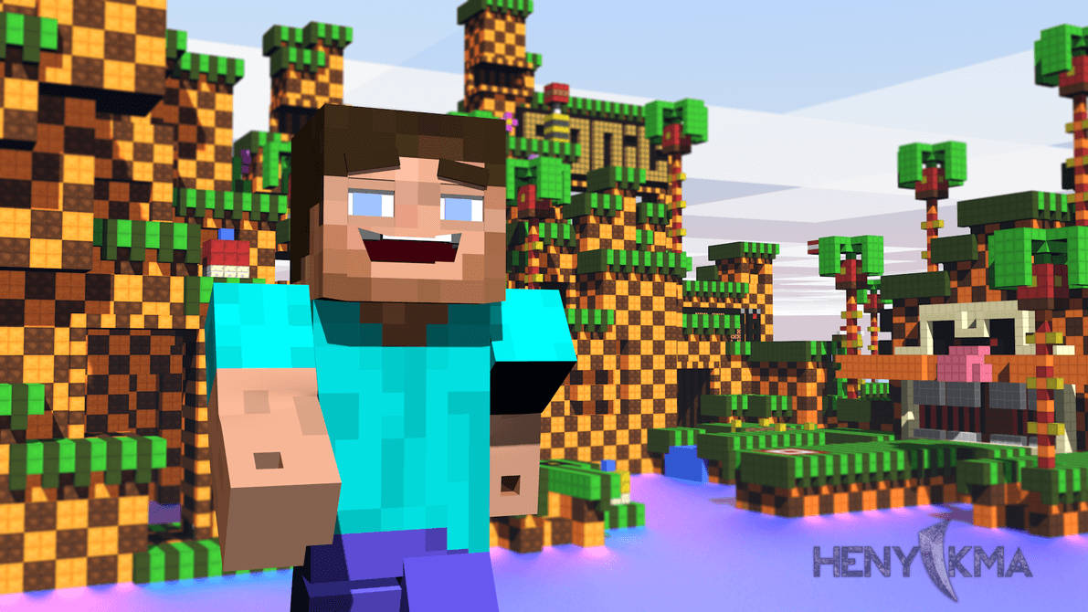 „Смеещият се Стив се наслаждава на слънцето в свят от блокчета на Minecraft“ Тапет