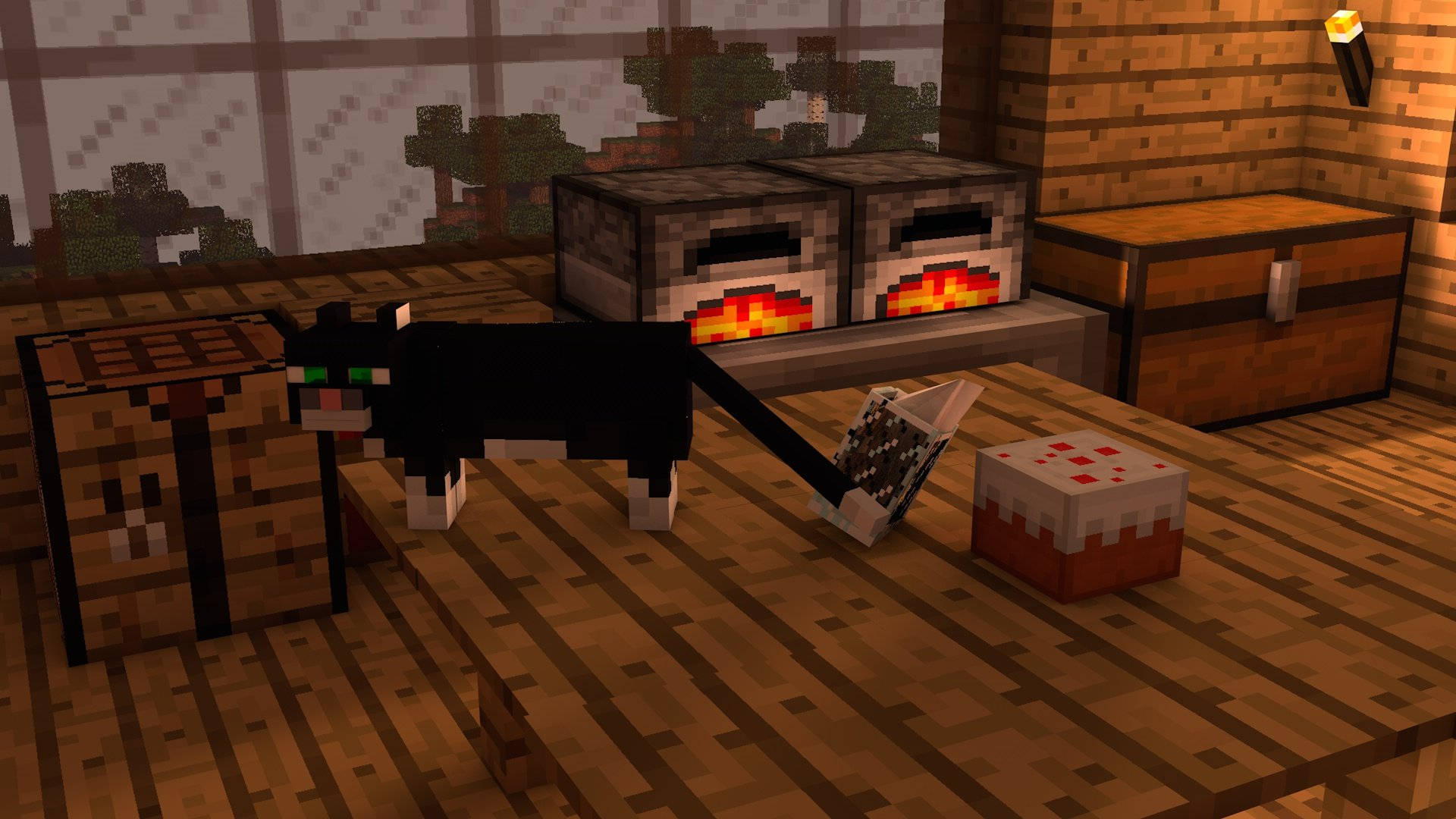 Естетичен Minecraft Черен Котка С Кутии Тапет