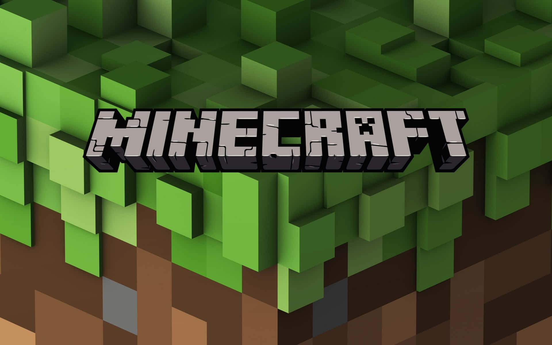 Лого на Minecraft върху пикселна трева Тапет