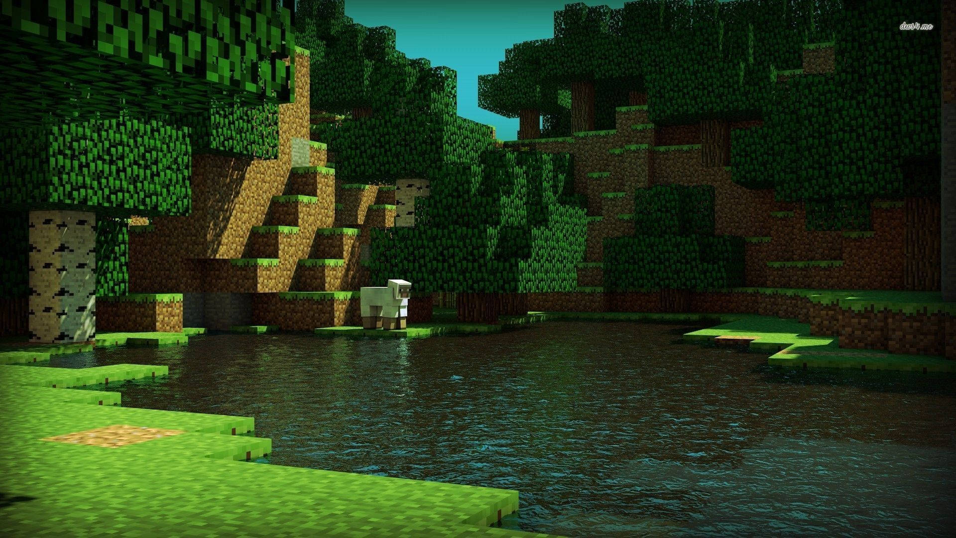 Изследвайте зелените поляни на света на Minecraft Тапет