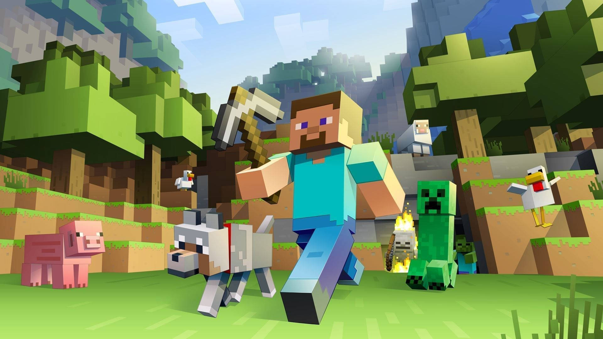 Стив и животни в движение Minecraft Тапет