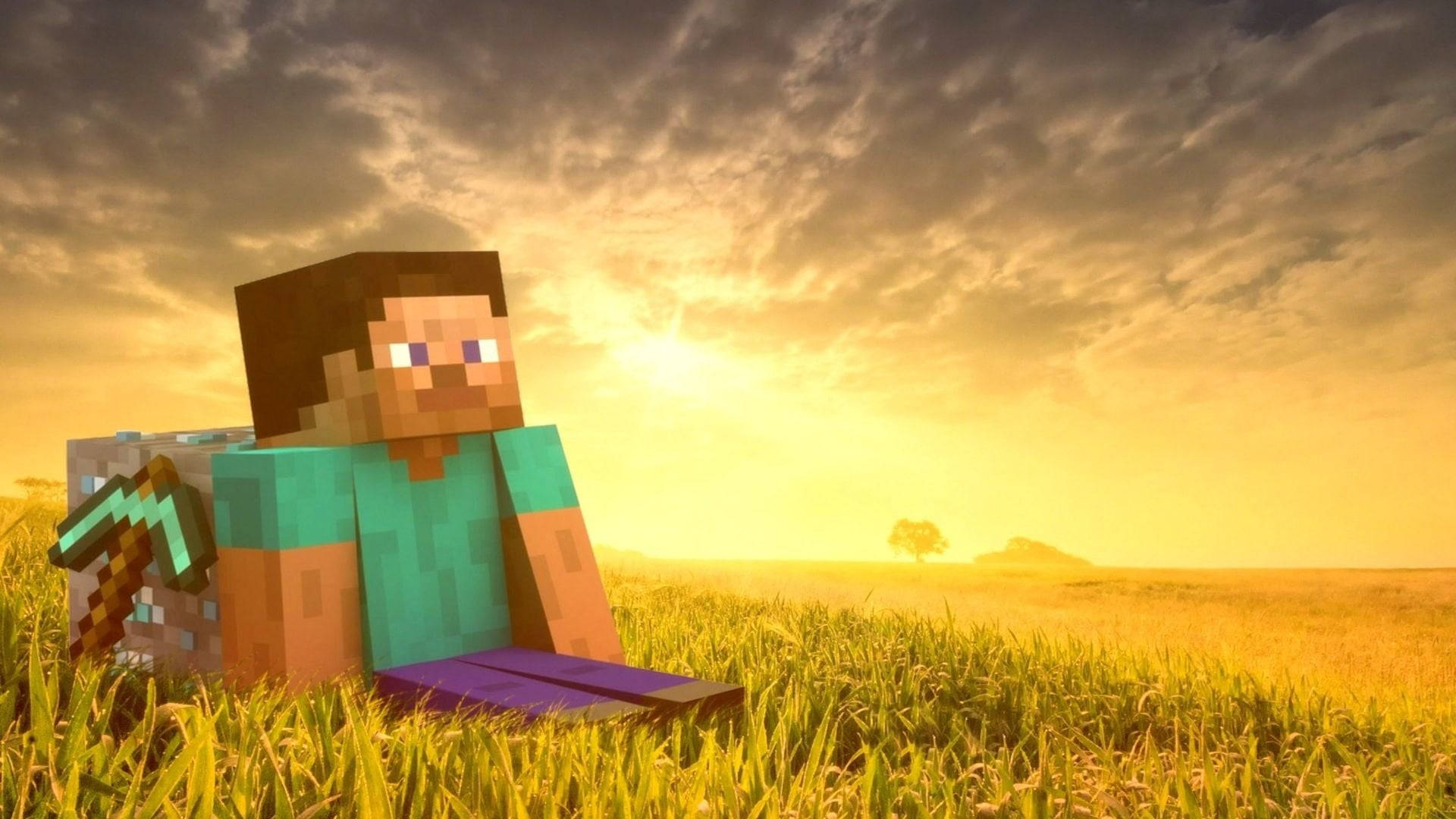 Стив гледа залез в пейзаж на Minecraft Тапет