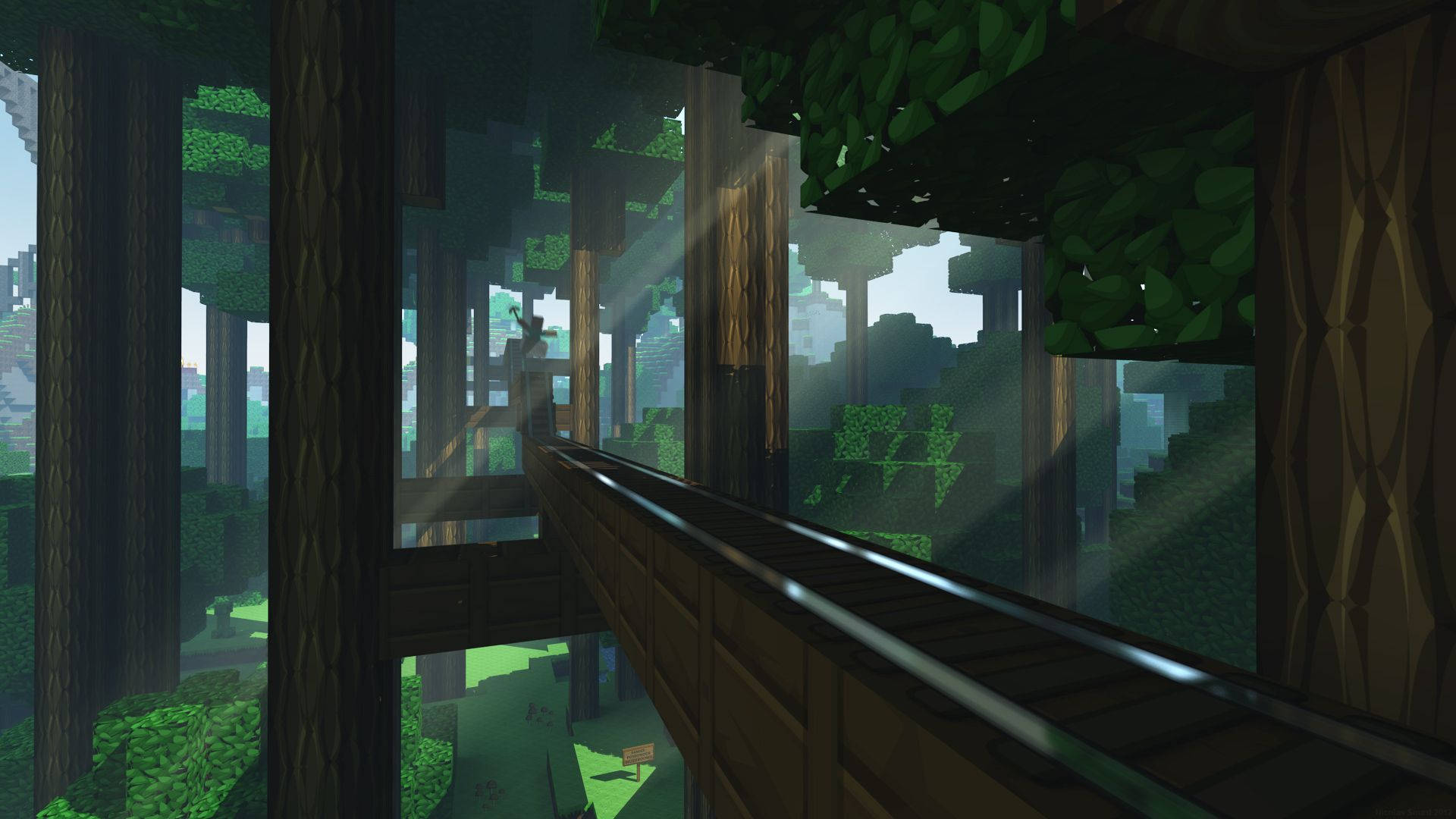 Слънцето напича над обширна гора в Minecraft Тапет