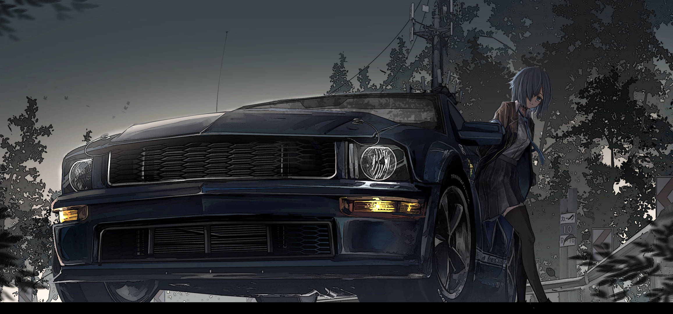 Аниме момиче, облегнато на кола Mustang Тапет