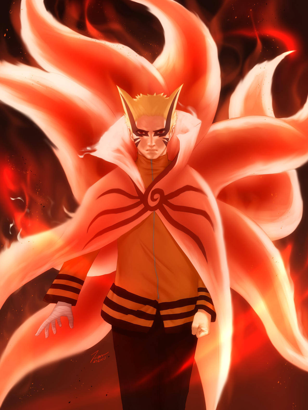Naruto Baryon Mode с пламтящи опашки Тапет