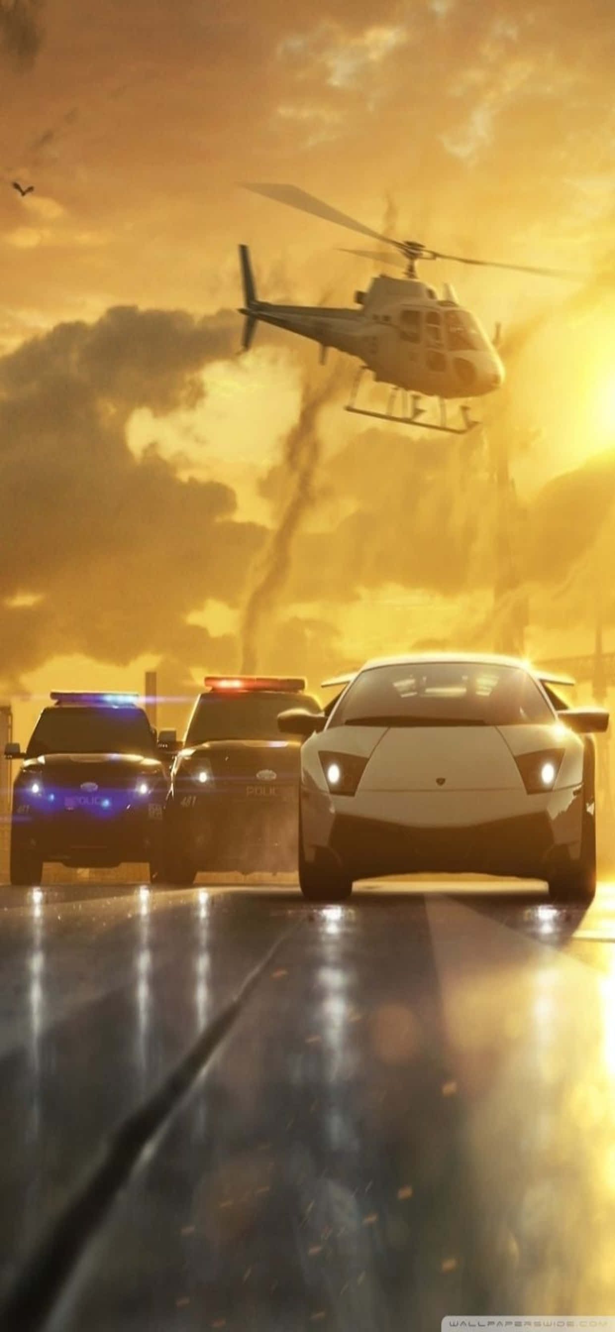 Драматичен гейминг фон от Need for Speed Heat, показан на iPhone XS Max Тапет