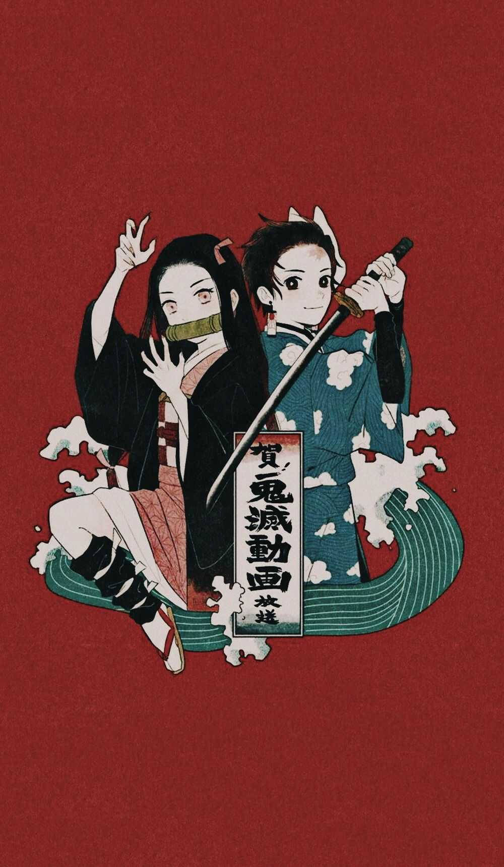 Nezuko Tanjiro на червен фон Demon Slayer iPhone Тапет