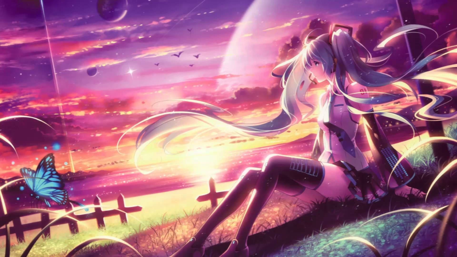 Аниме момиче с плитки Nightcore Тапет