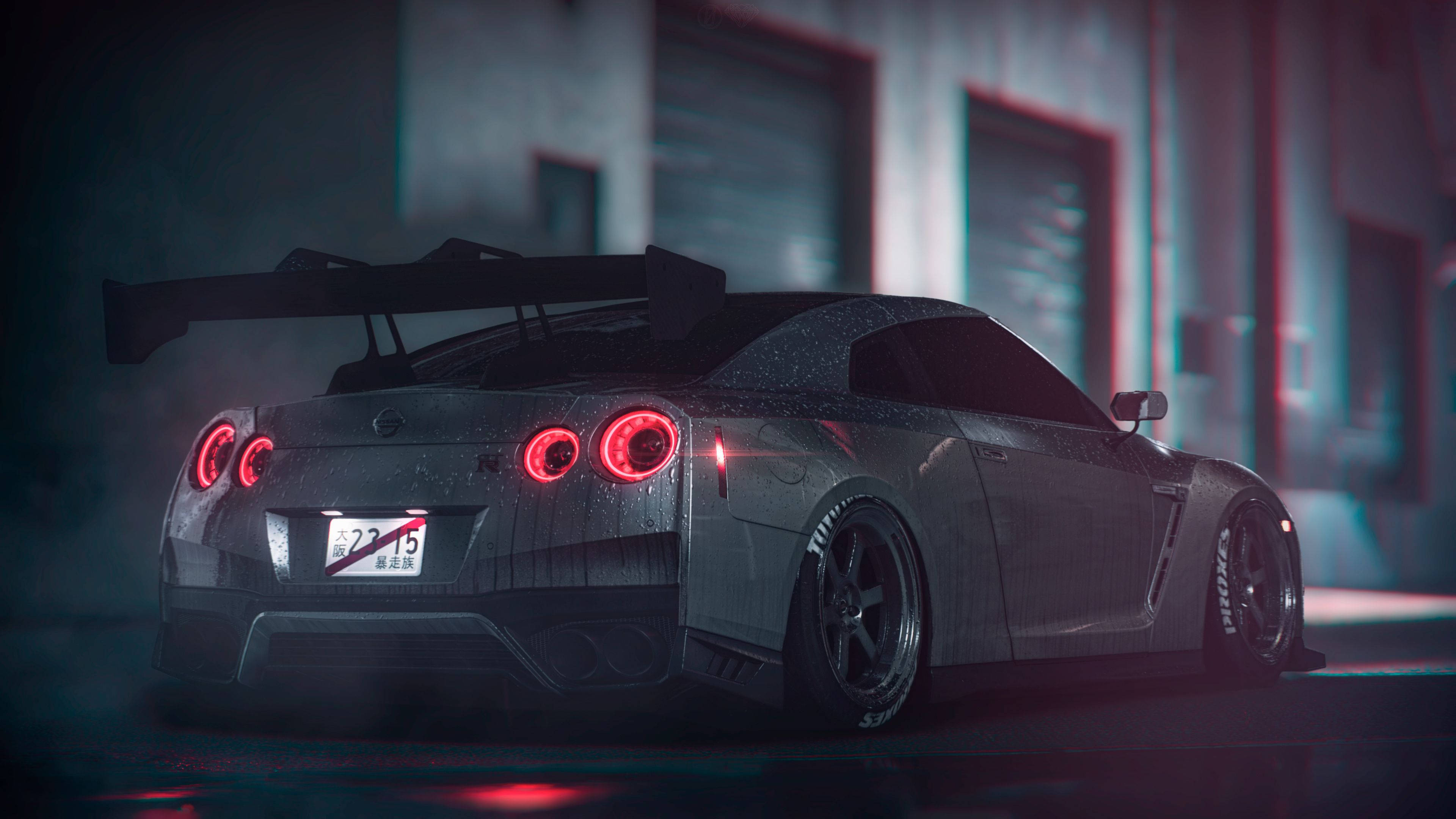 Задни светлини на сив Nissan GT R 4K Тапет