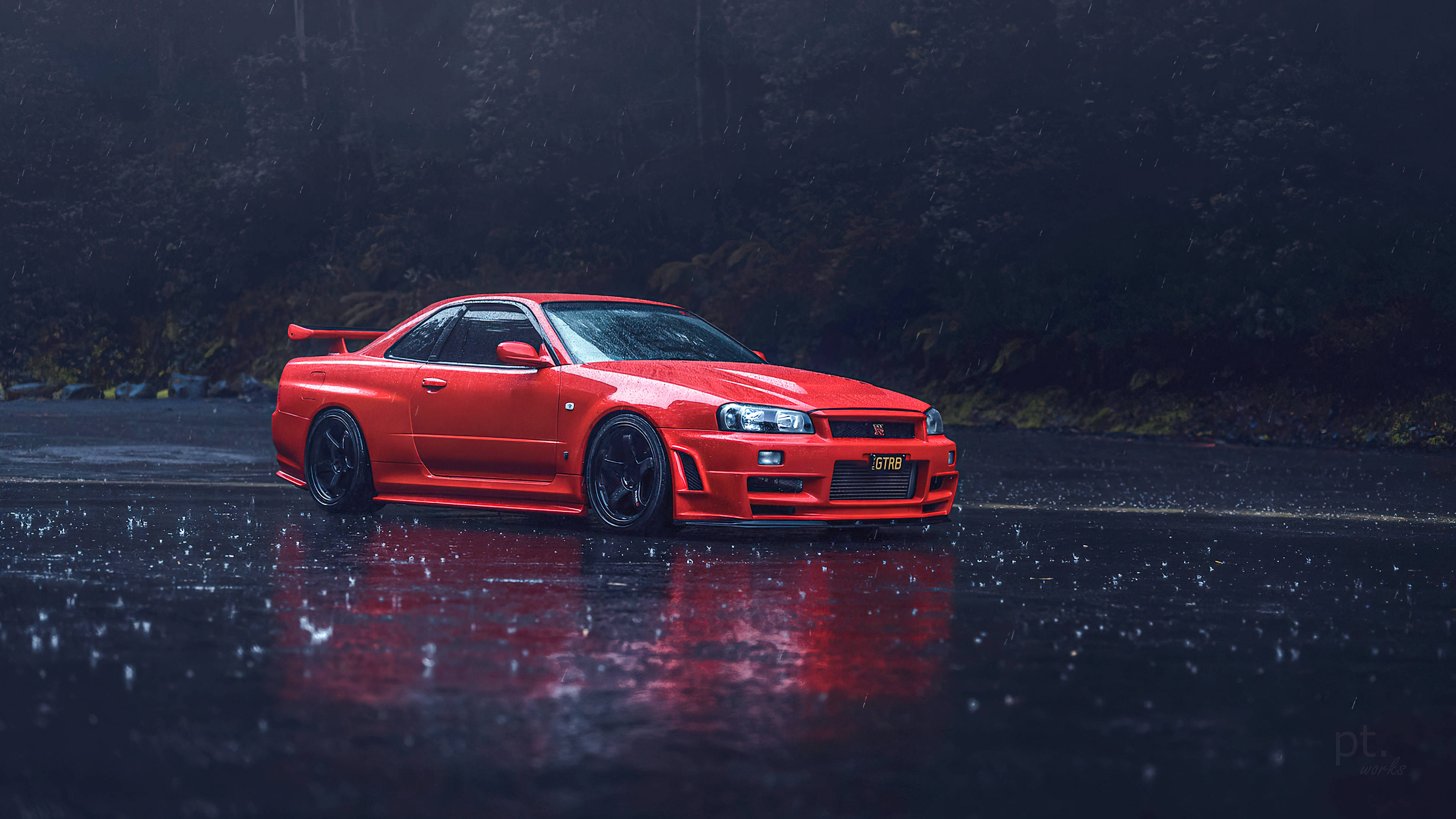 Nissan Skyline GTR R34 в дъждовна обстановка Тапет
