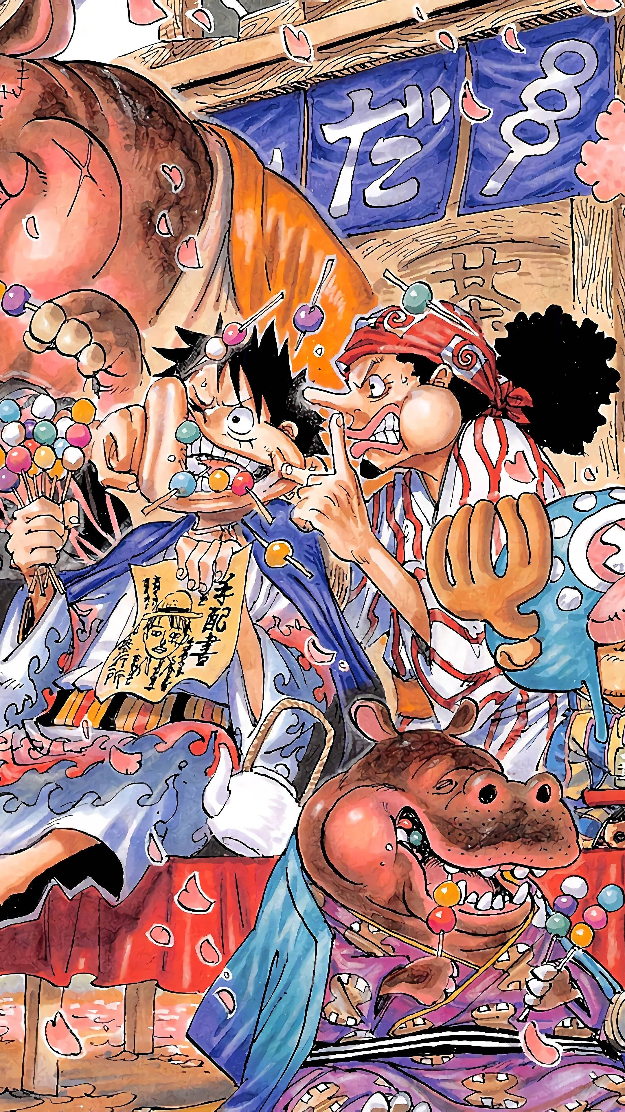 Телефон One Piece: Луфи и Усоп ядят данго Тапет
