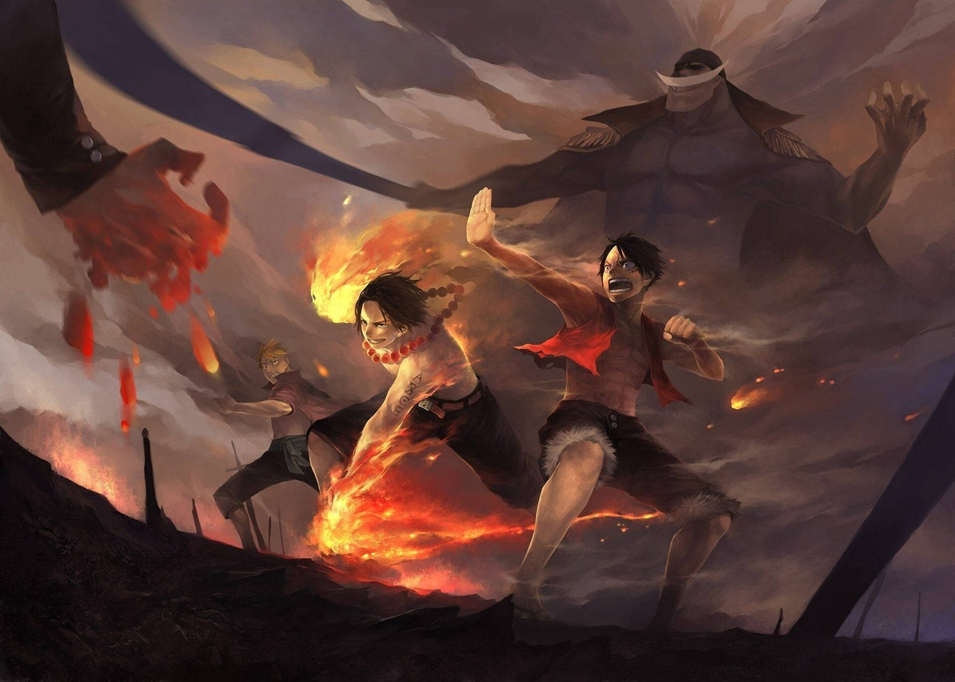 One Piece Desktop Луфи Ейс Сабо Битка Тапет