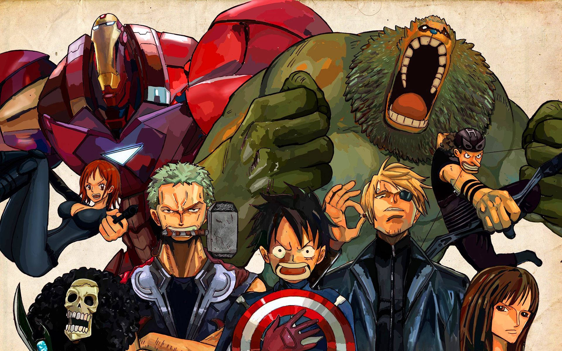 One Piece пиратски екипаж кросоувър Marvel супергерои тапет.