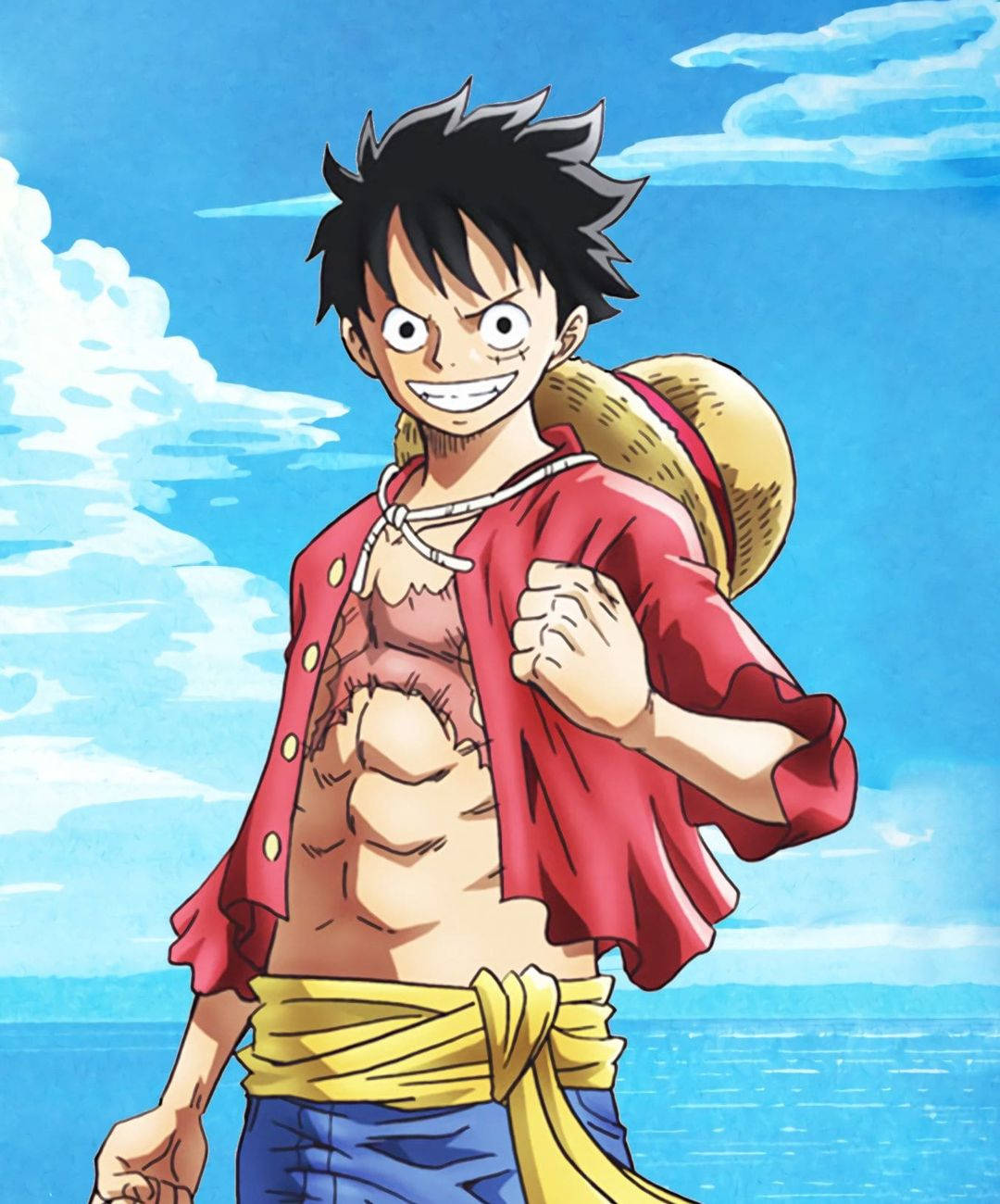 One Piece Луфи PFP Поза на успех с вятър Тапет