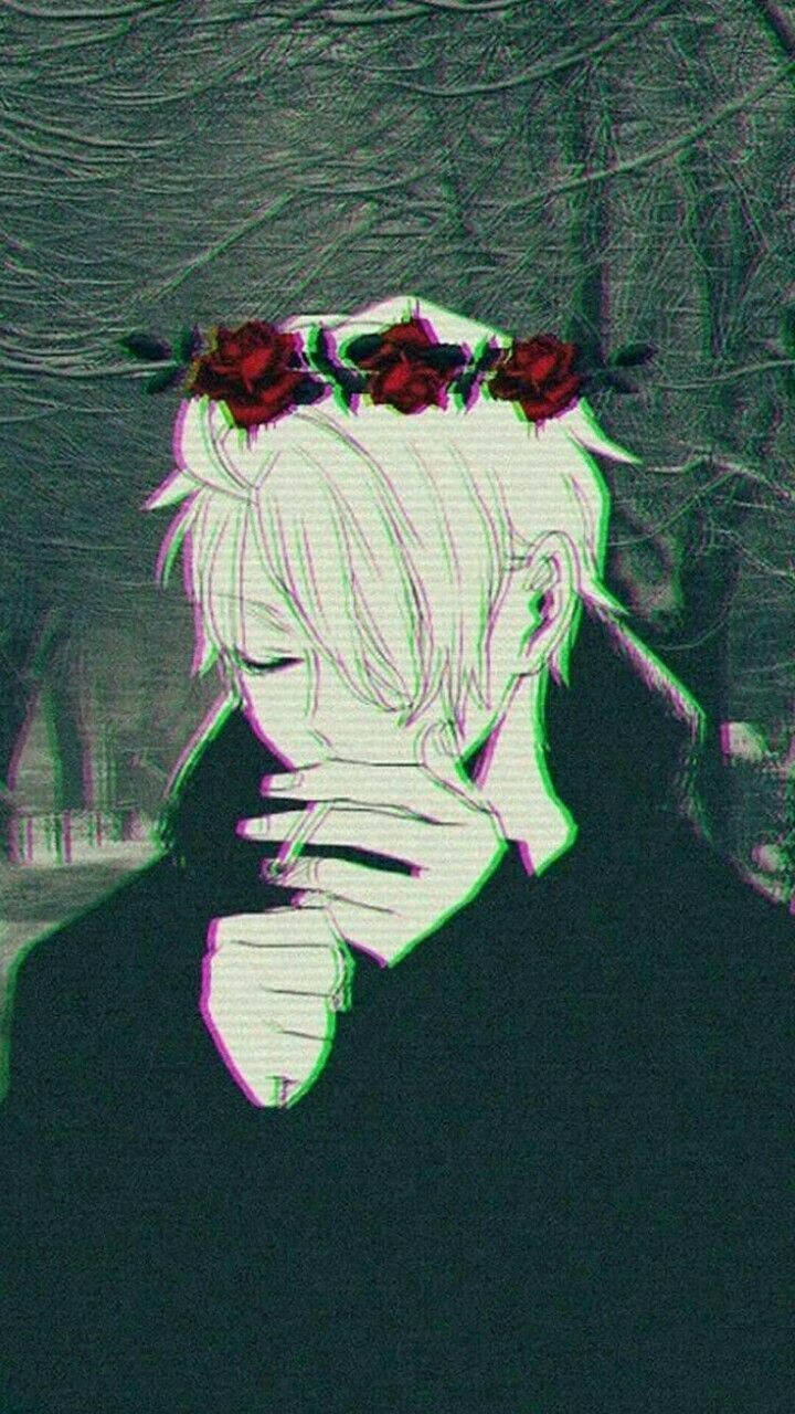Сладък аниме PFP с корона от рози и момче Тапет