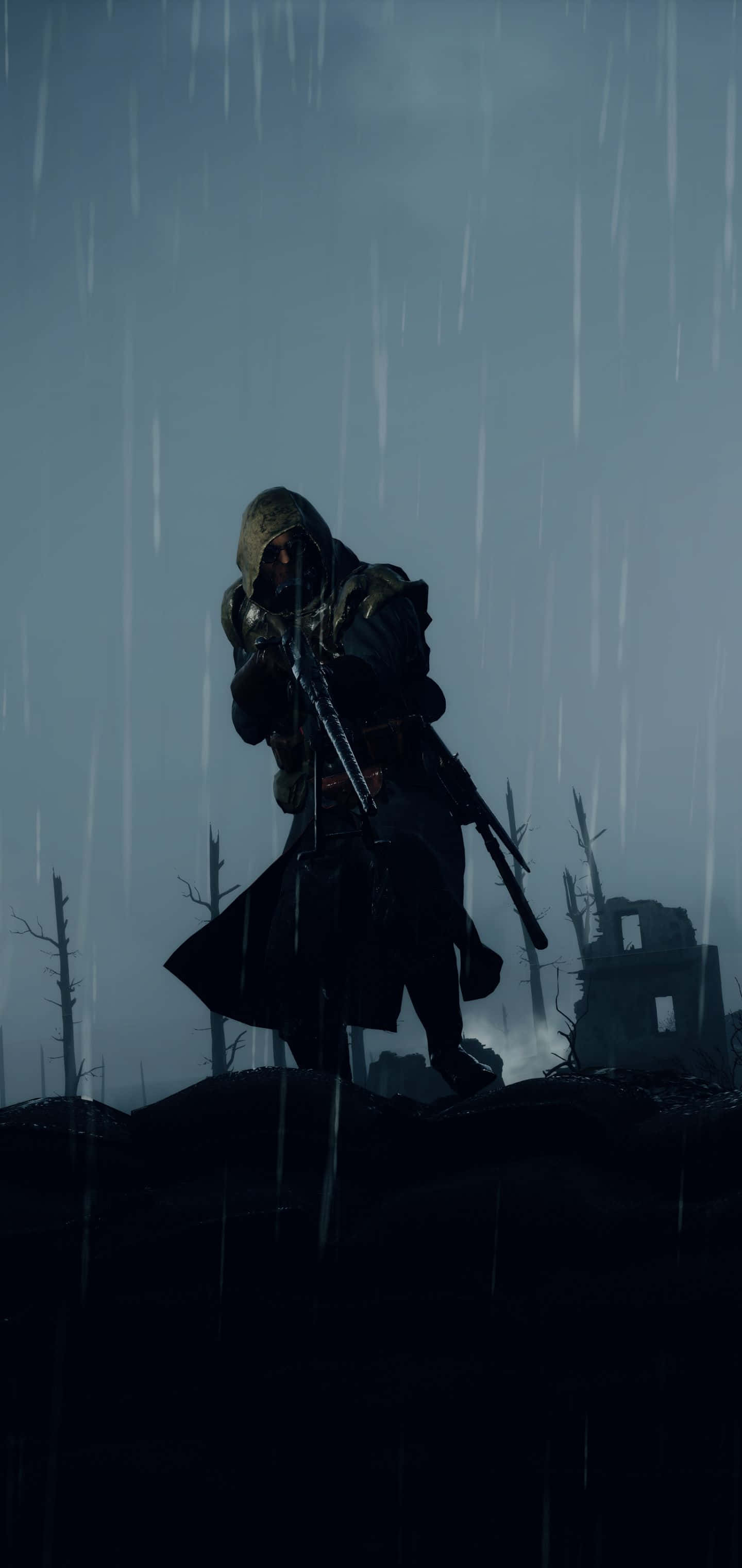 Pixel 3xl Battlefield 1 фон с капюшонен войник в дъжд Тапет