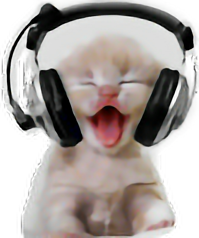 Смееща котка със слушалки.PNG Тапет