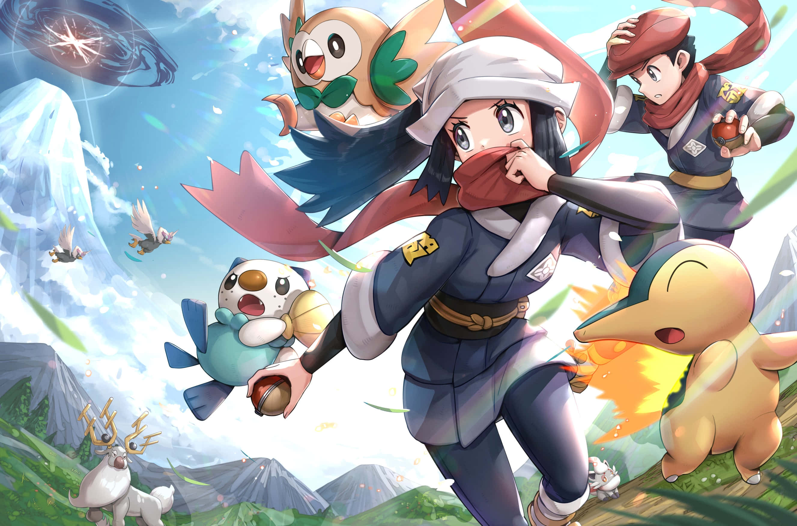 Герои от Pokémon Legends Arceus с летящ Braviary Тапет