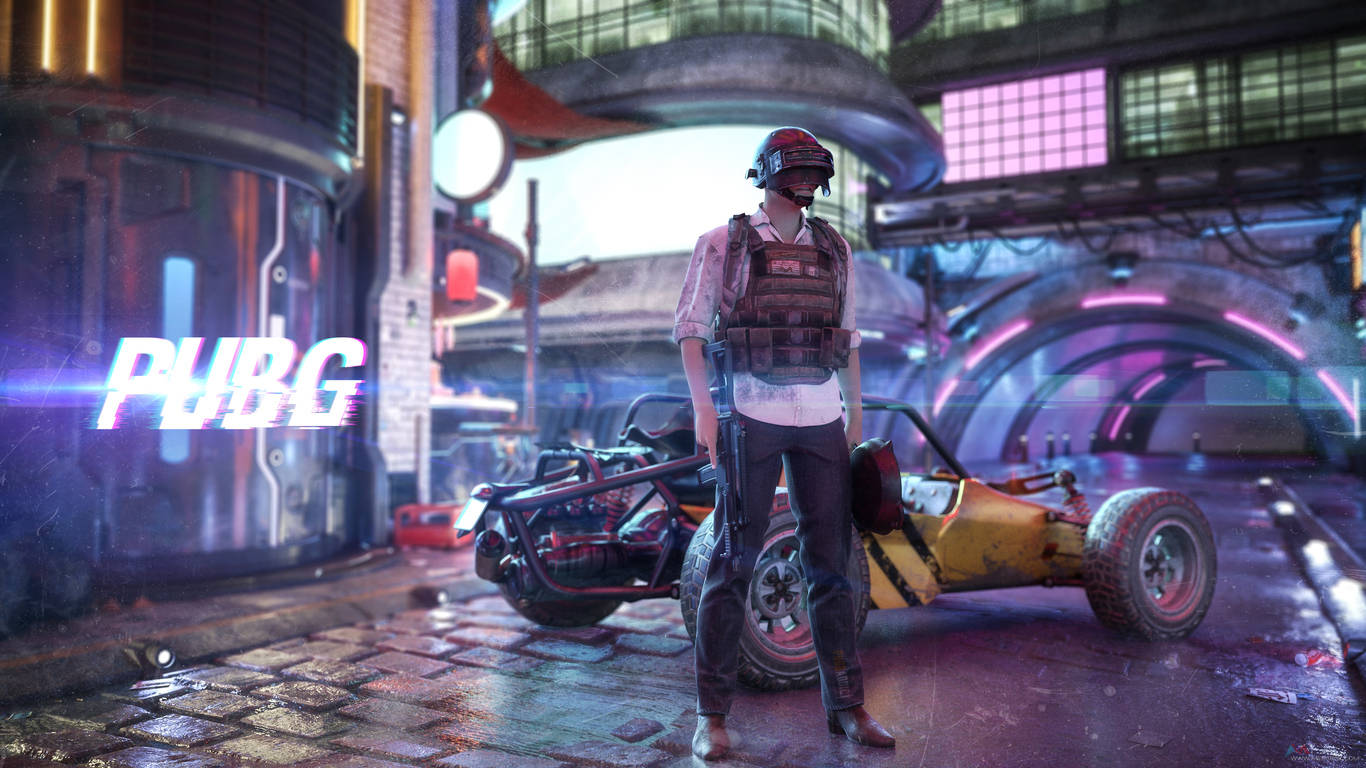 Виктор в неонов град PUBG 1366x768 Тапет
