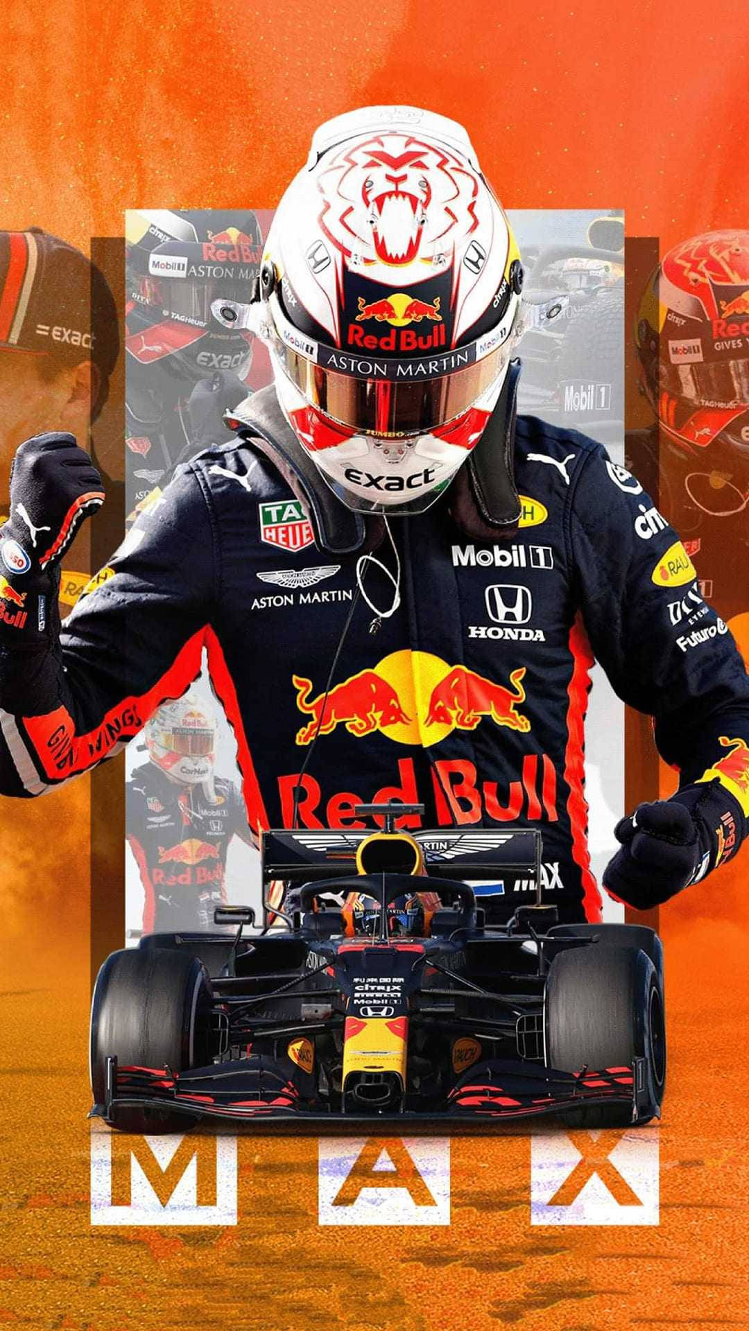Макс Верстапен в състезание с емблематичната си кола на Red Bull Тапет