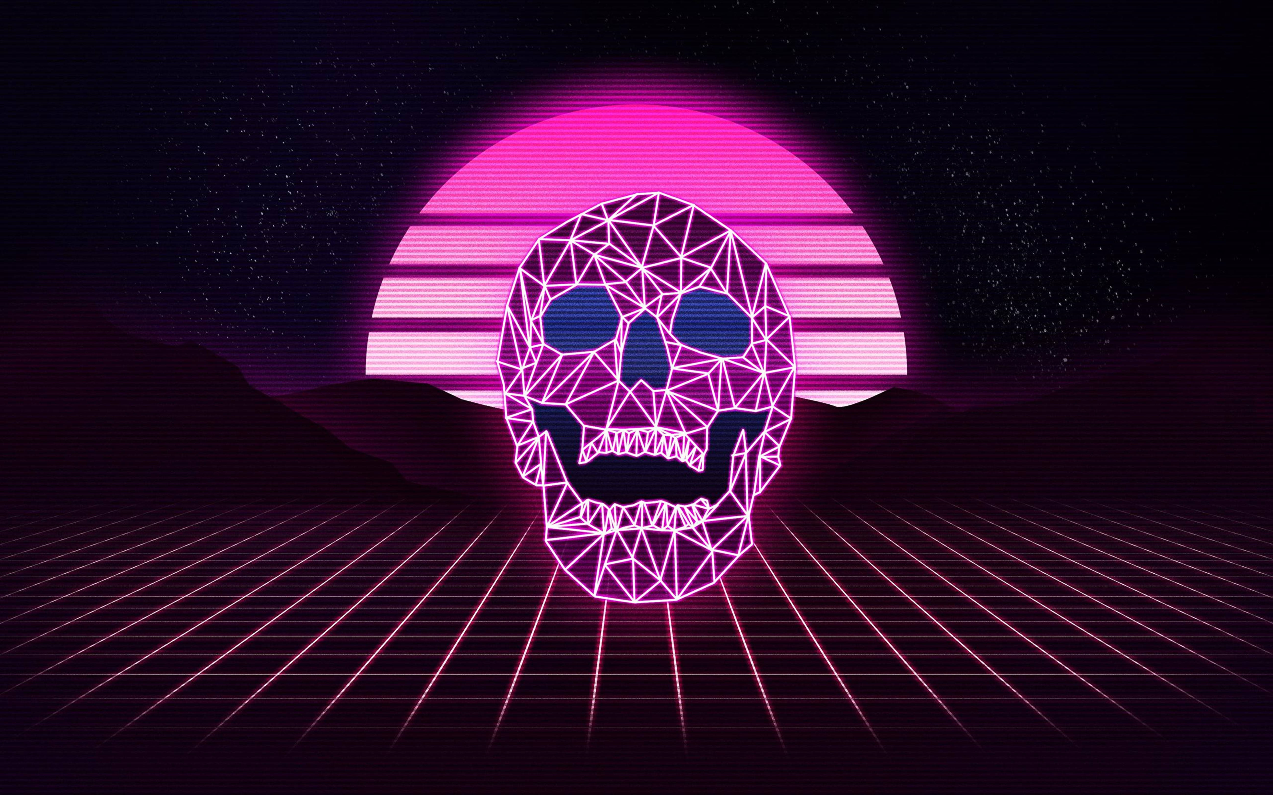 Retrowave Неонов Лилав Череп 4K Тапет