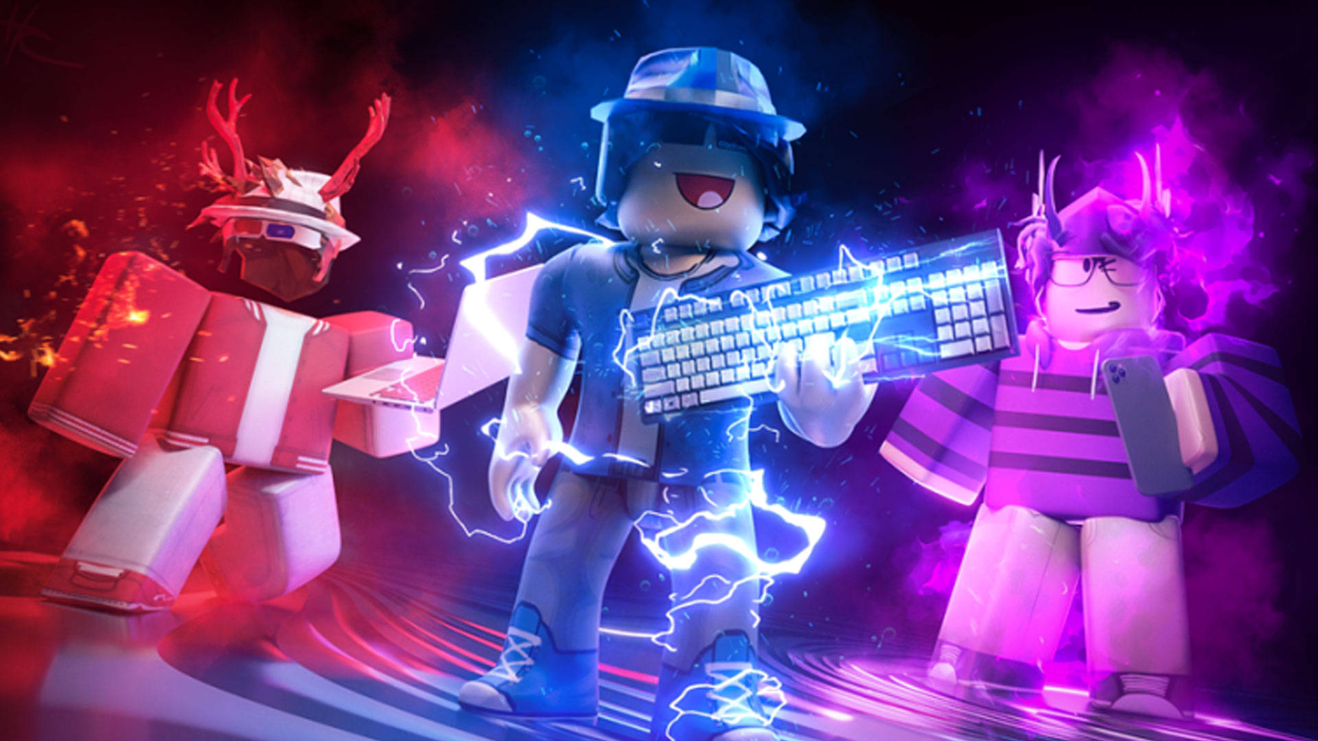 Готини Roblox аватари в червено, синьо и лилаво Тапет
