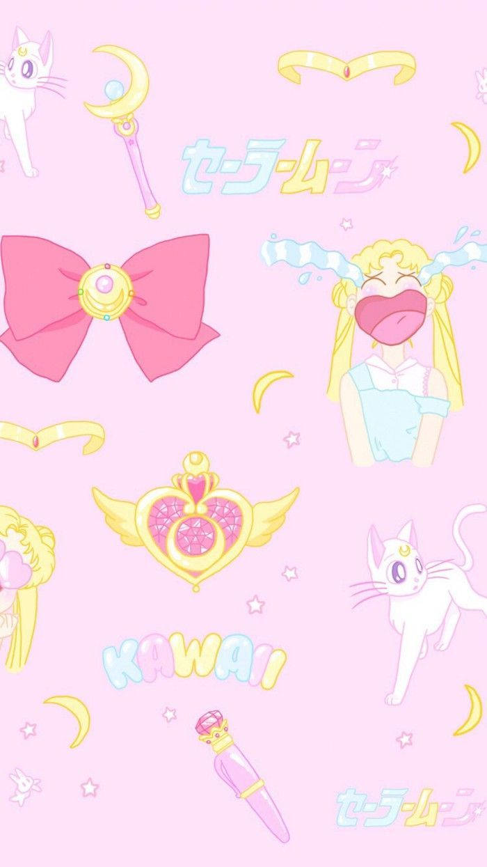 Елементи на Sailor Moon върху кавай розов фон Тапет